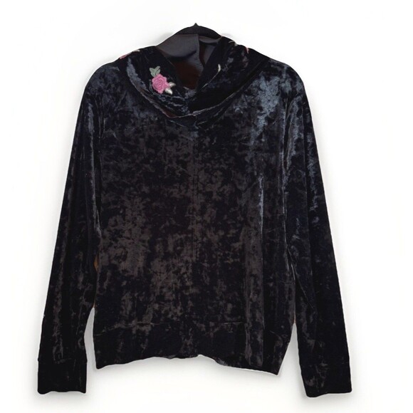 Love 8 Jacket 1X Black Velvet Embroidered Full Zip Hooded Stretch Y2K Boho - Picture 3 of 13